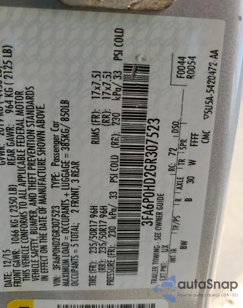 2016 Ford Fusion Se from USA, damaged, VIN 3FA6P0HD2GR307523